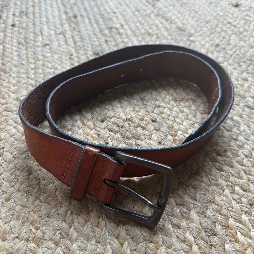 Mens Brown Leather Belt Gunmetal Square Buckle Casual Rugged Distressed 32-38